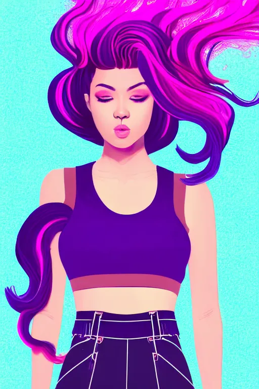 Image similar to a award winning half body porttrait of a beautiful woman in a croptop and cargo pants with ombre purple pink teal hairstyle with head in motion and hair flying, outrun, vaporware, shaded flat illustration, digital art, trending on artstation, highly detailed, fine detail, intricate