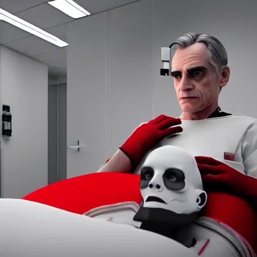 Image similar to a scene from the movie dead ringers with clean shaven jeremy irons, dark cinematic lighting, heavy black and red palette and color contrast, medical equipment, movie directed by wes craven, 3 d octane render