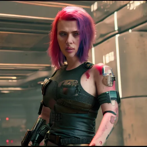 Image similar to bruised scarlett johansson after a bad mission in Cyberpunk 2077. CP2077. 3840 x 2160