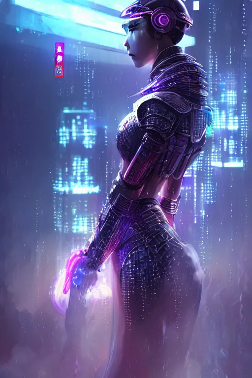 Image similar to portrait futuristic wuxia armor heroine Girl with thunder and fire sparkles and starlight, n future cyberpunk tokyo heavy rainning rooftop , ssci-fi, fantasy, intricate, very very beautiful, elegant, human structure, neon light, highly detailed, digital painting, artstation, concept art, smooth, sharp focus, illustration, art by tian zi and WLOP and alphonse mucha