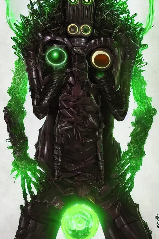 Prompt: human goth groot ; adult male 3 0 years ; glowing green eyes ; scientist ; friendly ; sharp facial features ; slender ; vampire ; wearing a high tech set of heavy metal armour ; robot ; trending on artstation ; high detail ; digital art