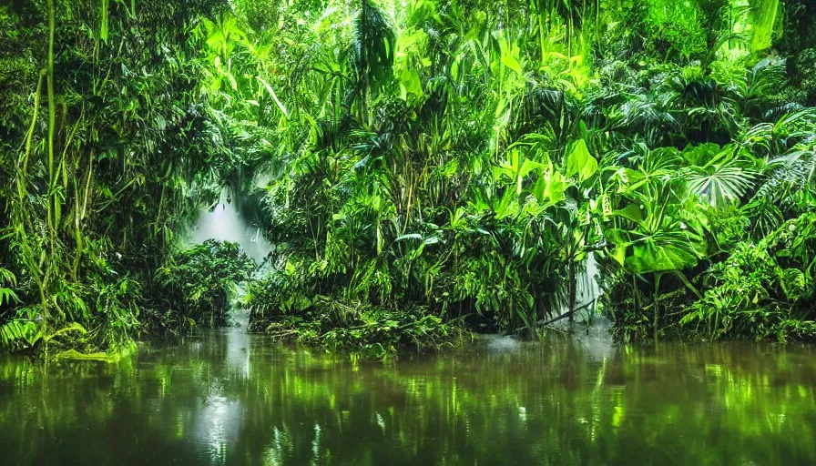 Prompt: a rainy foggy jungle, river with low hanging plants, there is a giant christal in the water, it is glowing, great photography, ambient light