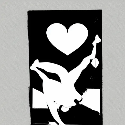 Image similar to clean black and white print on white paper, high contrast, logo of a symmetric heart with a stylized dancer silhouette inside