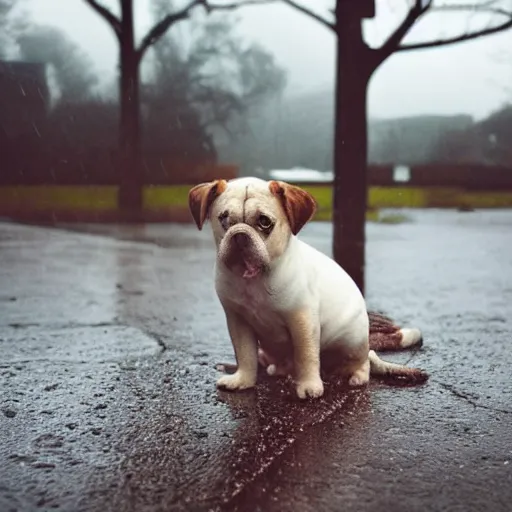 Image similar to a very sad puppy in the rain, lonely, scared, moody lighting