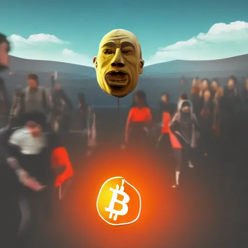 Image similar to people running away scared from a giant with bitcoin head, cinematic, comic art, hyper-realistic, cryptocurrency, 8k