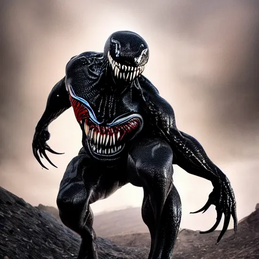 Image similar to full body pose, hyperrealistic photograph of venom, dim volumetric lighting, 8 k, octane beautifully detailed render, extremely hyper detailed, intricate, epic composition, cinematic lighting, masterpiece, trending on artstation, very very detailed, stunning, hdr, smooth, sharp focus, high resolution, award, winning photo, dslr, 5 0 mm