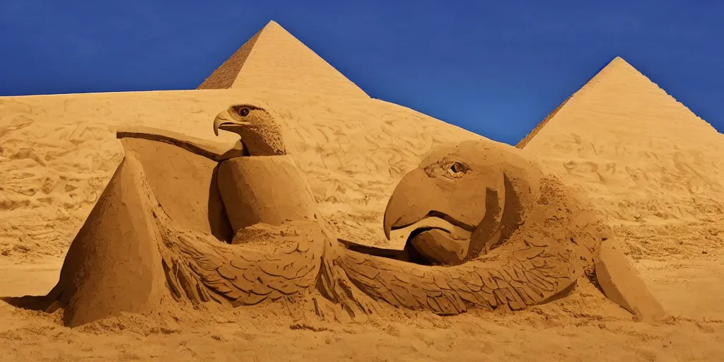 Image similar to A giant sand sculpture of an eagle head standing in the middle of a desert, next to a pyramid. Hyperrealistic photograph, golden hour