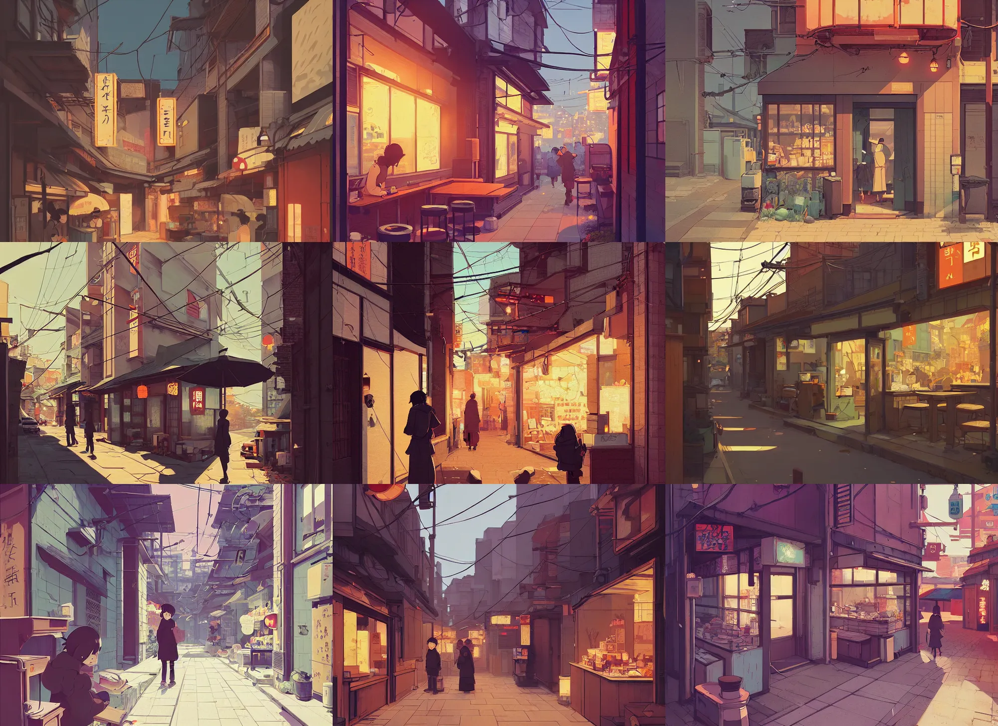 Prompt: tokyo alleyway, coffeeshop storefront, by cory loftis, atey ghailan, makoto shinkai, hasui kawase, james gilleard, beautiful, autumn