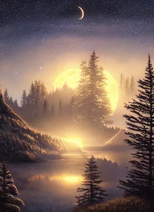 Image similar to stars, moon, golden shores, spruce trees, beauty, sharp focus, 8 k high definition, insanely detailed, intricate, elegant, art by stanley lau and artgerm, floating embers