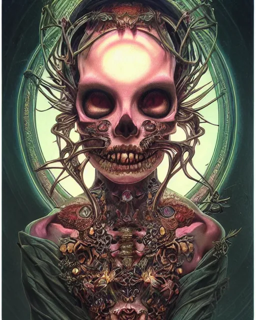 Image similar to perfectly centered portrait front view of a angry dead rotten beautiful female skull growing ornamentation all around, ornate, ornaments, detailed, symmetrical, elegant, beautifully soft lit, by wayne barlowe, peter mohrbacher, kelly mckernan, alphonse mucha