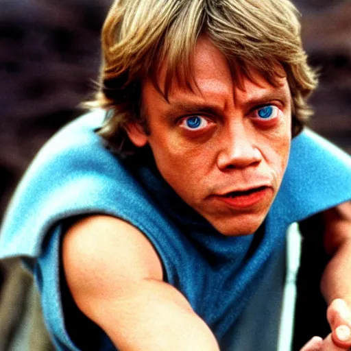 Image similar to A still of Mark Hamill as Luke Skywalker in Star Wars, 1990, Directed by Steven Spielberg, 35mm