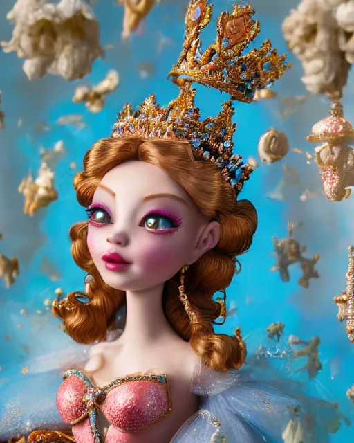 Image similar to highly detailed closeup, face profile portrait of a tin toy fairytale princess wearing a crown and sitting on a throne, bikini, depth of field, fashion photoshoot by nicoletta ceccoli, mark ryden, lostfish, dan decarlo, bob clampett, max fleischer, breathtaking, detailed and intricate environment, 8 k resolution, hyperrealistic, octane render
