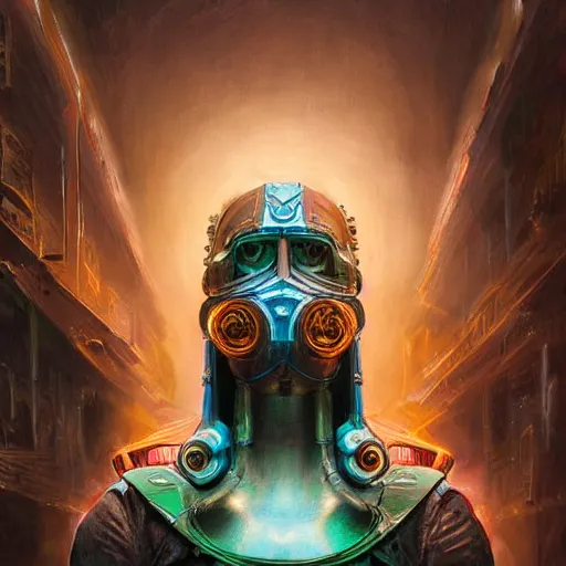 Prompt: low angle shot of a cyberpunk gazmask multicolored robot character, intricate, elegant, highly detailed, centered, digital painting, artstation, concept art, smooth, sharp focus, illustration, artgerm, Tomasz Alen Kopera, Peter Mohrbacher, donato giancola, Joseph Christian Leyendecker, WLOP, Boris Vallejo