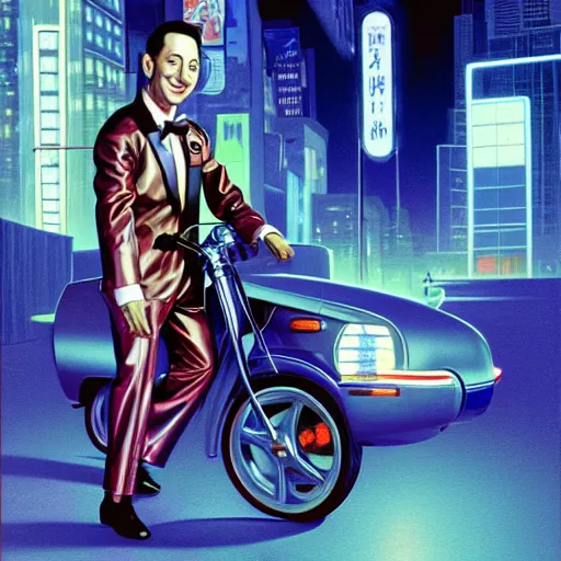 Prompt: Portrait of pee-wee herman as a chrome cyborg, city street at night, highly detailed, digital painting, artstation, concept art, illustration, dramatic lighting, art by syd mead and hajime sorayama