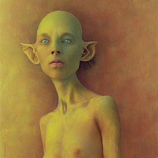 Image similar to portrait of ethereal goblin princess in golden armour by Beksinski