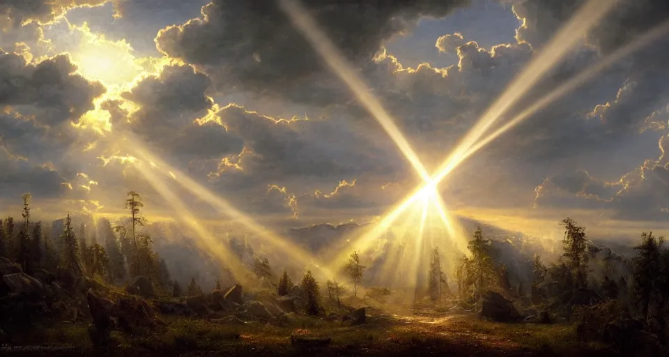 Image similar to heaven!! angels!! god rays, by eugene von guerard, ivan shishkin, dramatic lighting, concept art, trending on artstation, 8 k