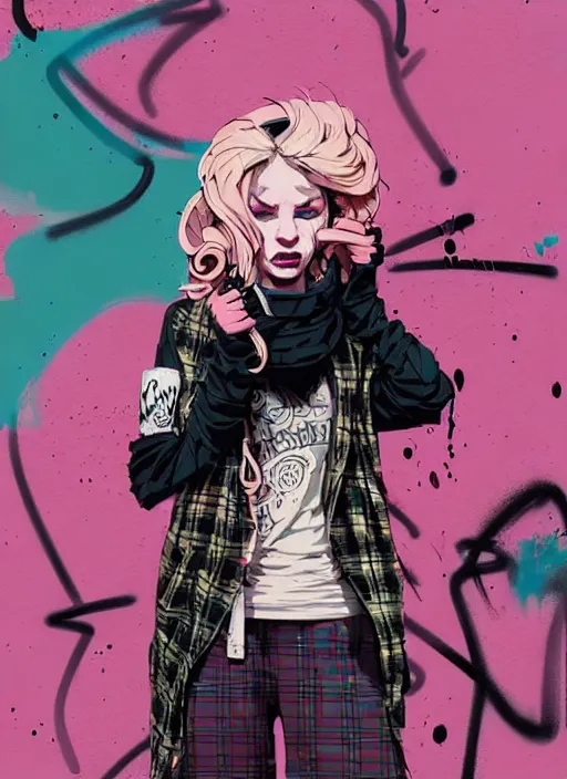 Image similar to highly detailed portrait of a sewer punk lady, tartan hoody, blonde ringlet hair by atey ghailan, by greg rutkowski, by greg tocchini, by james gilleard, by joe fenton, by kaethe butcher, gradient magenta, black, blonde cream and white color scheme, grunge aesthetic!!! ( ( graffiti tag wall background ) )