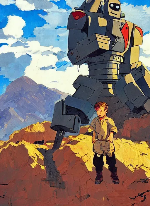 Prompt: The Iron Giant (1999) weapon on a ready looking determined overlooking a Afghanistan mountains background, full face portrait composition by Ashley Wood, Yoji Shinkawa, Jamie Hewlett, 60's French movie poster, French Impressionism, vivid colors, palette knife and brush strokes,