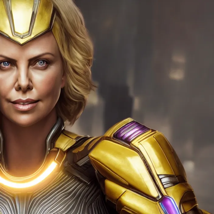 Image similar to portrait of (Charlize Theron), wearing The Infinity Gauntlet!! intricate artwork. octane render, trending on artstation, very coherent symmetrical artwork. thanos. cinematic, hyper realism, high detail, octane render, 8k, iridescent accents