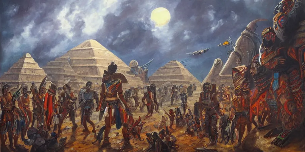 Image similar to simonetti rutkowski epic painting aztec warriors watching spaceship starship arriving to mesoamerican pyramid