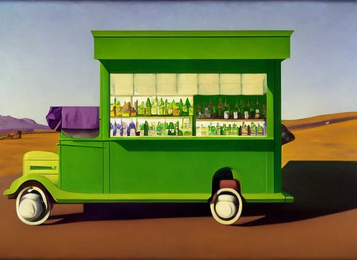 Prompt: a purple and green ice cream van that sells snake oil instead of ice cream, snake oil salesman selling little brown bottles of medicine, snake van, painting by René Magritte, Edward Hopper, 3D rendered