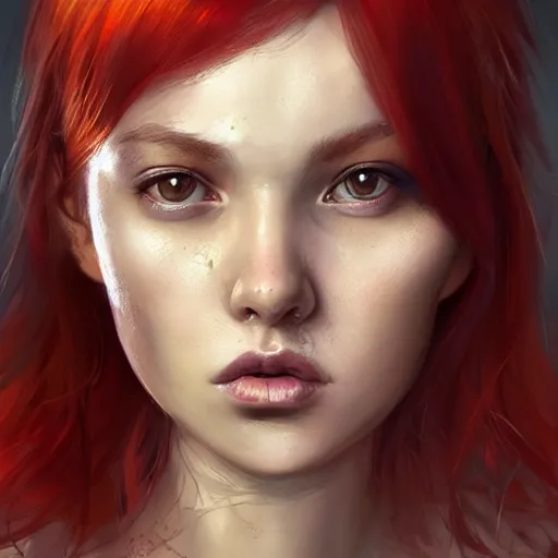 Image similar to fantasy portrait of a young beautiful veteran female warrior with red hair , scars on her face , determined expression , made by Stanley Artgerm Lau, WLOP, Rossdraws, ArtStation, CGSociety, concept art, cgsociety, octane render, trending on artstation, artstationHD, artstationHQ, unreal engine, 4k, 8k,