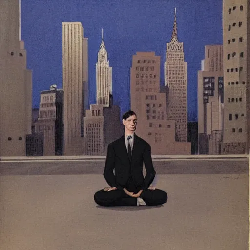 Image similar to man in black suit, meditation pose, new york buildings, city view, leyendecker style