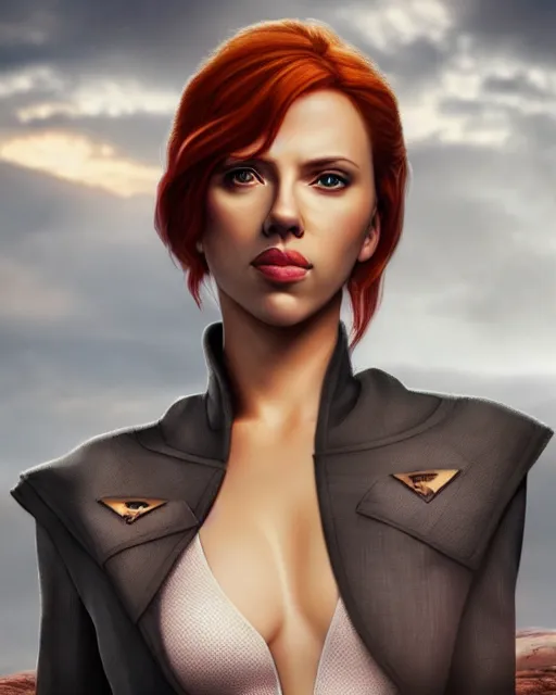 Image similar to scarlett johansson portraying a beautiful mara jade from star wars legends, beautiful scarlett johansson mara jade, in a black suit, without lightsaber, movie, hyper realistic, hollywood promotional image, imax, 8 k