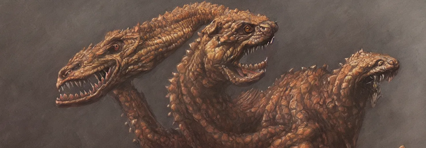 Image similar to full bodyshot!! symmetry!! a cross between a komodo dragon and a ferret, with a vipers head!! multiple rows of teeth in mouth, sleek dark fur!! dark fantasy, oil painting, in the style of frank frazetta, in the style of boris vallejo, top teir artstation, deviantart, pinterest