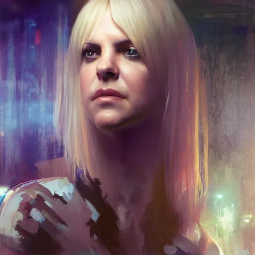 Prompt: anna farris, hyperrealistic portrait, bladerunner street, art of elysium by jeremy mann and alphonse mucha, fantasy art, photo realistic, dynamic lighting, artstation, poster, volumetric lighting, very detailed face, 4 k, award winning