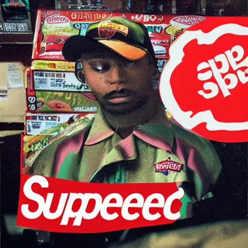 Prompt: bodega weed nuggs with supreme logo superimposed on top album art