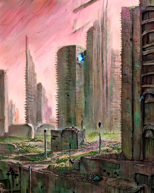 Image similar to hyperrealistic ornate mecha iridescent pink brutalist city ruins background concept art santiago caruso de chirico sharp very dramatic green light 8k low angle shallow depth of field