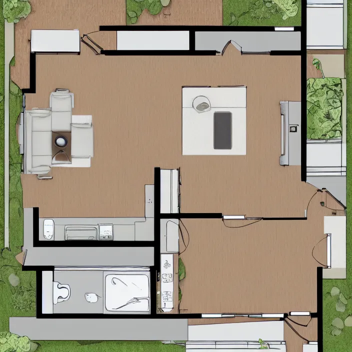 Image similar to overhead floor plan view of an apartment with absolutely zero cougars ( puma concolor ) hiding in the kitchen