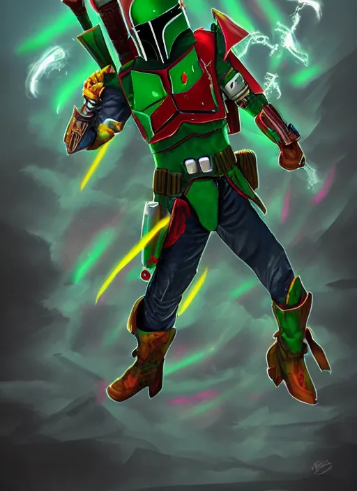 Image similar to arcane wizard x boba fett, digital art, character mashup, epic volumetric lighting, combination art