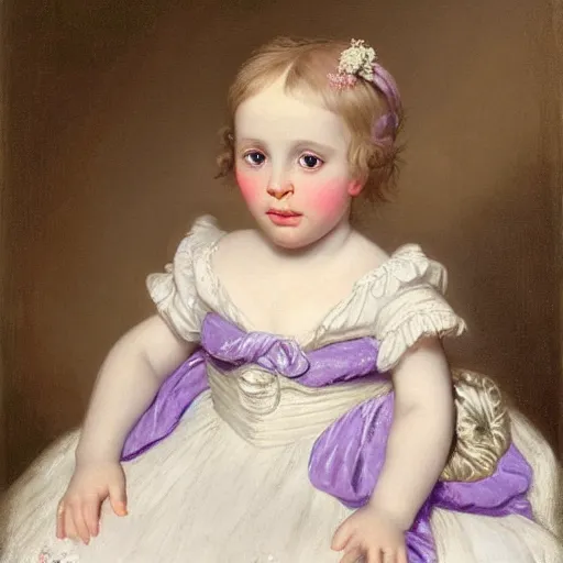 Image similar to portrait of a german toddler princess sitting down in a silk lavender gown, circa 1 8 3 7, by carl joseph begas, highly detailed, beautiful, oil on canvas, 1 8 3 0 s, romanticism