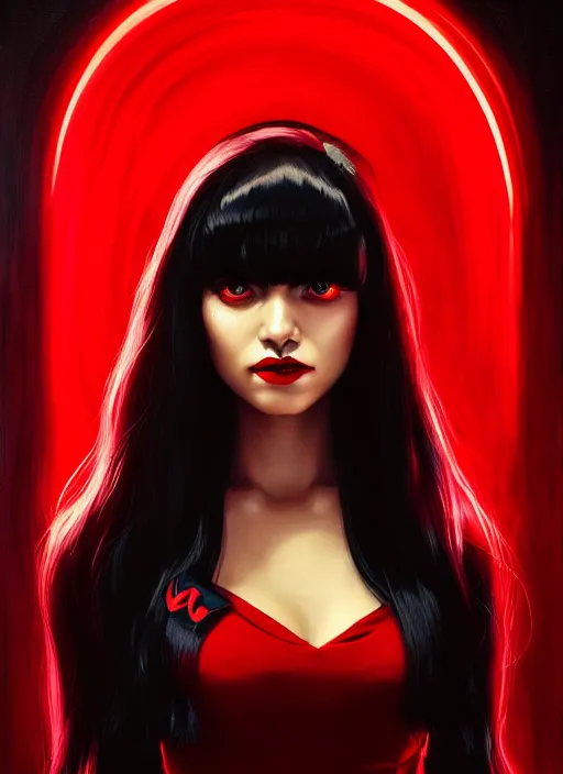 Prompt: portrait of vampire veronica lodge with bangs, vampire, long hair, red clothes, bangs, vampironica, intricate, elegant, glowing lights, highly detailed, digital painting, artstation, concept art, smooth, sharp focus, illustration, art by wlop, mars ravelo and greg rutkowski