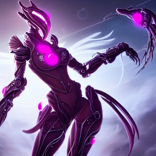 Image similar to highly detailed exquisite fanart, of a beautiful female warframe, but as a stunning anthropomorphic robot female dragon, glowing eyes and robot dragon head, off-white plated armor, bright Fuchsia skin, elegant pose, full body shot, epic cinematic shot, realistic, professional digital art, high end digital art, sci fi, DeviantArt, artstation, Furaffinity, 8k HD render, epic lighting, depth of field