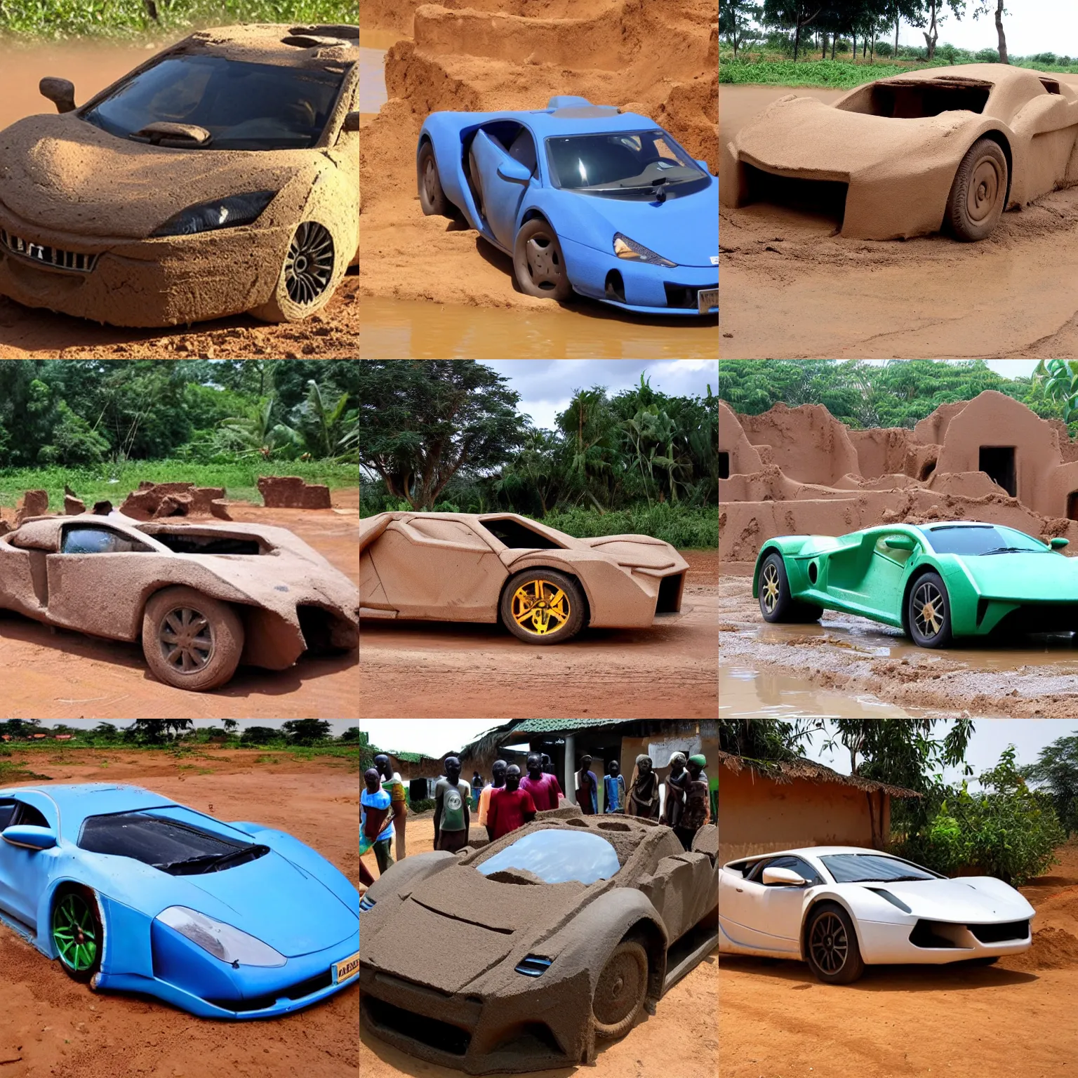 Prompt: West African supercar made of mud bricks