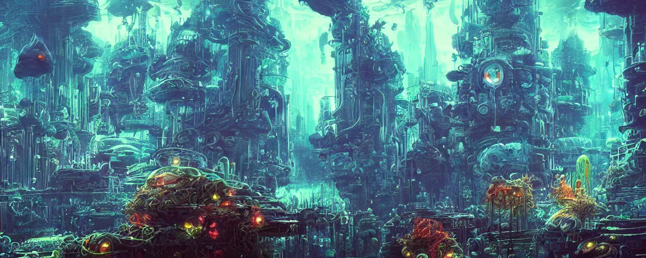 Image similar to ” underwater otherwordly city, [ deepsea, cinematic, detailed, epic, widescreen, opening, establishing, mattepainting, photorealistic, realistic textures, octane render, art by slop and paul lehr ] ”