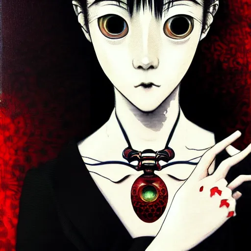 Image similar to yoshitaka amano blurred and dreamy realistic three quarter angle horror portrait of a sinister young woman with short hair, and red eyes wearing a lot of jewellery and office suit with tie, junji ito abstract patterns in the background, satoshi kon anime, noisy film grain effect, highly detailed, renaissance oil painting, weird portrait angle, blurred lost edges