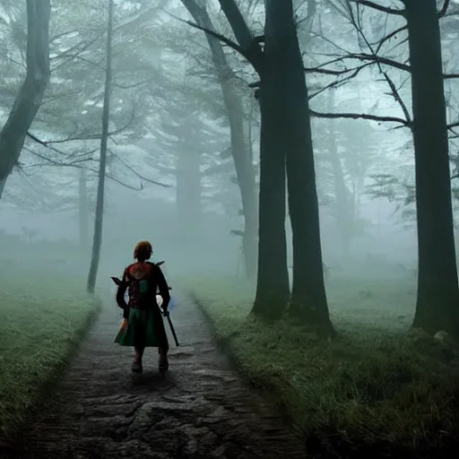Image similar to Link from Legend of Zelda walks alone through the woods at night, gloomy, dark, foggy, night, ominous, dark color, atmospheric, cinematic lighting, intricate detail?