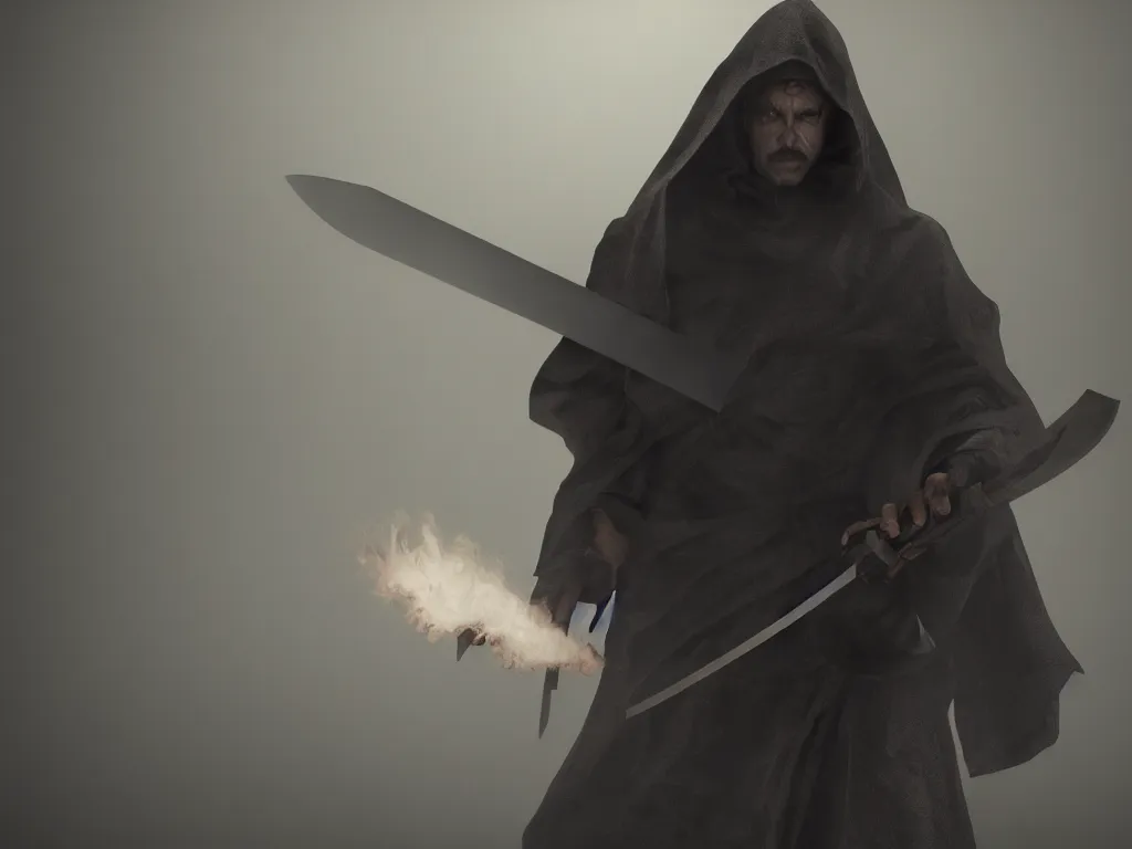 Prompt: a cloaked man holding a sword, shadows, smoke, mist, 8K octane render