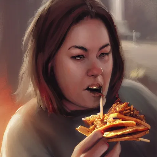 Image similar to portrait of a blonde chubby woman eating kebab, light stubble with red shirt ,digital art,photorealistoc,art by greg rutkowski,hyperdetailed,western comic style,comic,comic style,sharp lineart,professional lighting,deviantart,artstation,trevor henderson,rossdtaws,cinematic,dramatic