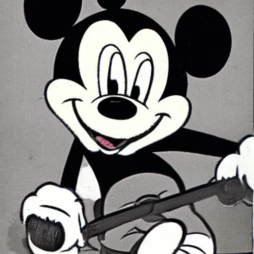 Image similar to vintage 1 9 3 0 s mickey mouse biting a bloody fish