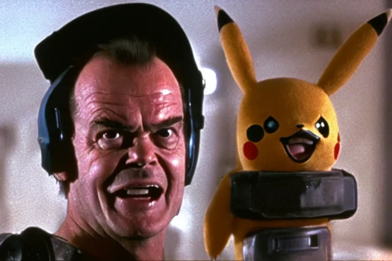Prompt: Jack Nicholson plays Pikachu Terminator, his inner endoskeleton is exposed, still from the film
