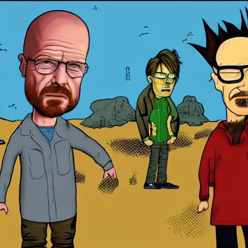 Prompt: Walter white and Jesse pinkman in the style of beavis and butthead in a New Mexico desert