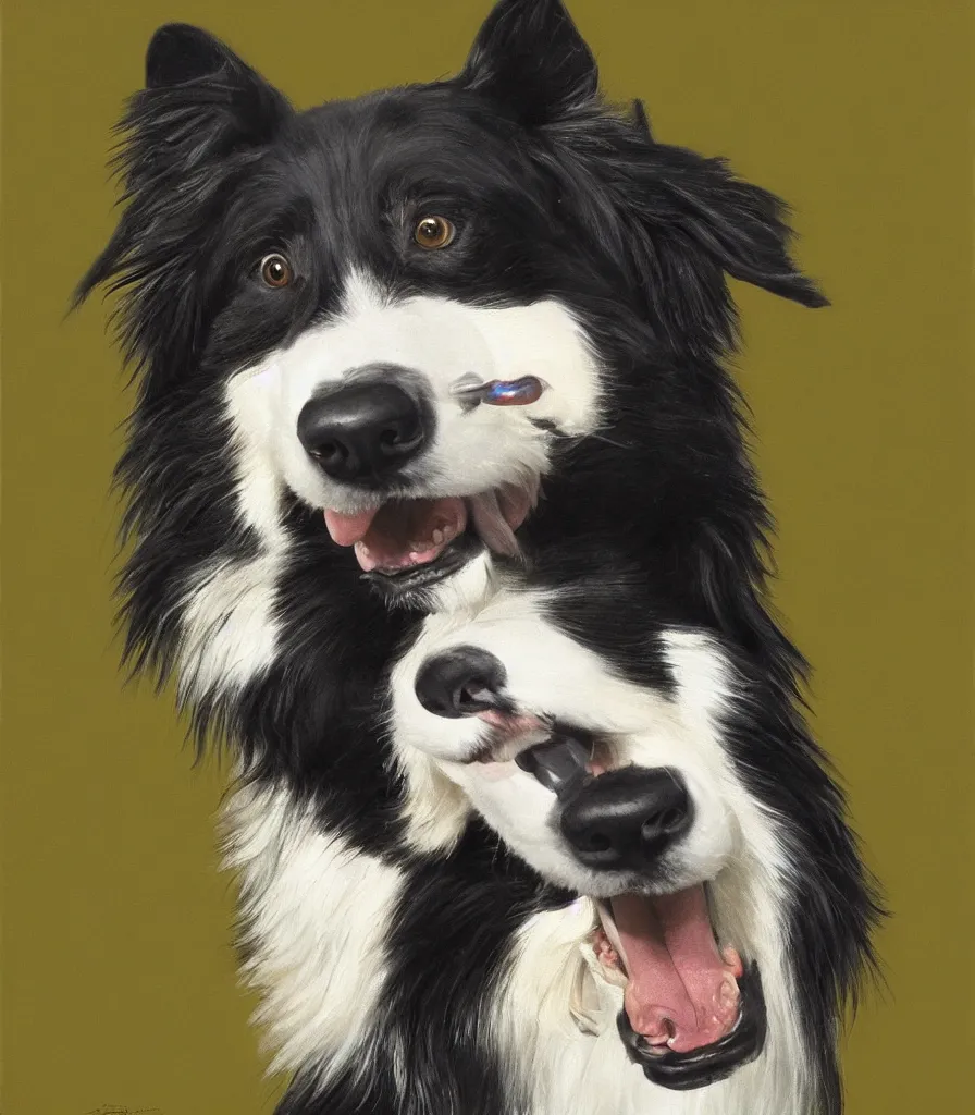 Prompt: oil painting of a border collie wearing a British Army uniform from the Second World War, full-body portrait, digital art, hyperrealism, highly detailed
