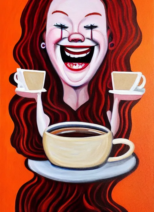 Prompt: painting by jon hale of red haired woman with pierced septum holding a coffee and laughing, massive laugh, motion lines, happy face, spilling coffee, dripping liquid, visible brushstrokes, hd
