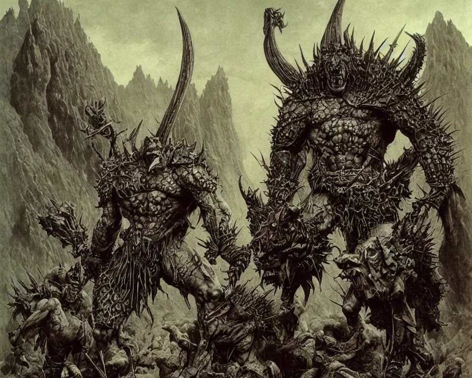 Image similar to A muscular, large fanged orc with pale skin covered in scars stands near the hills, wearing spiky, complex, detailed armor without a helmet. Extremely high detail, realistic, fantasy art, masterpiece, art by Zdzisław Beksiński, Boris Vallejo, Arthur Rackham