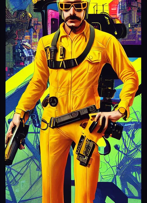 Image similar to mustached athlete in yellow jumpsuit. cyber dude firing a futuristic red automatic pistol with huge magazine. ad for pistol. cyberpunk poster by james gurney, azamat khairov, and alphonso mucha. artstationhq. gorgeous face. painting with vivid color, cell shading. ( rb 6 s, cyberpunk 2 0 7 7 )